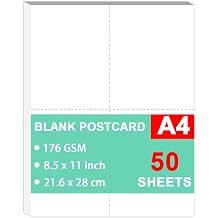 Blank Postcard Paper - 65lb White Printable Postcards, Letter Size, 8.5 x 11 inch, 50 Sheets / 200 Postcards- Perforated 4 per Sheet - for Inkjet/Laser Printers, 4-1/4" x 5-1/2" Each Card After Perf