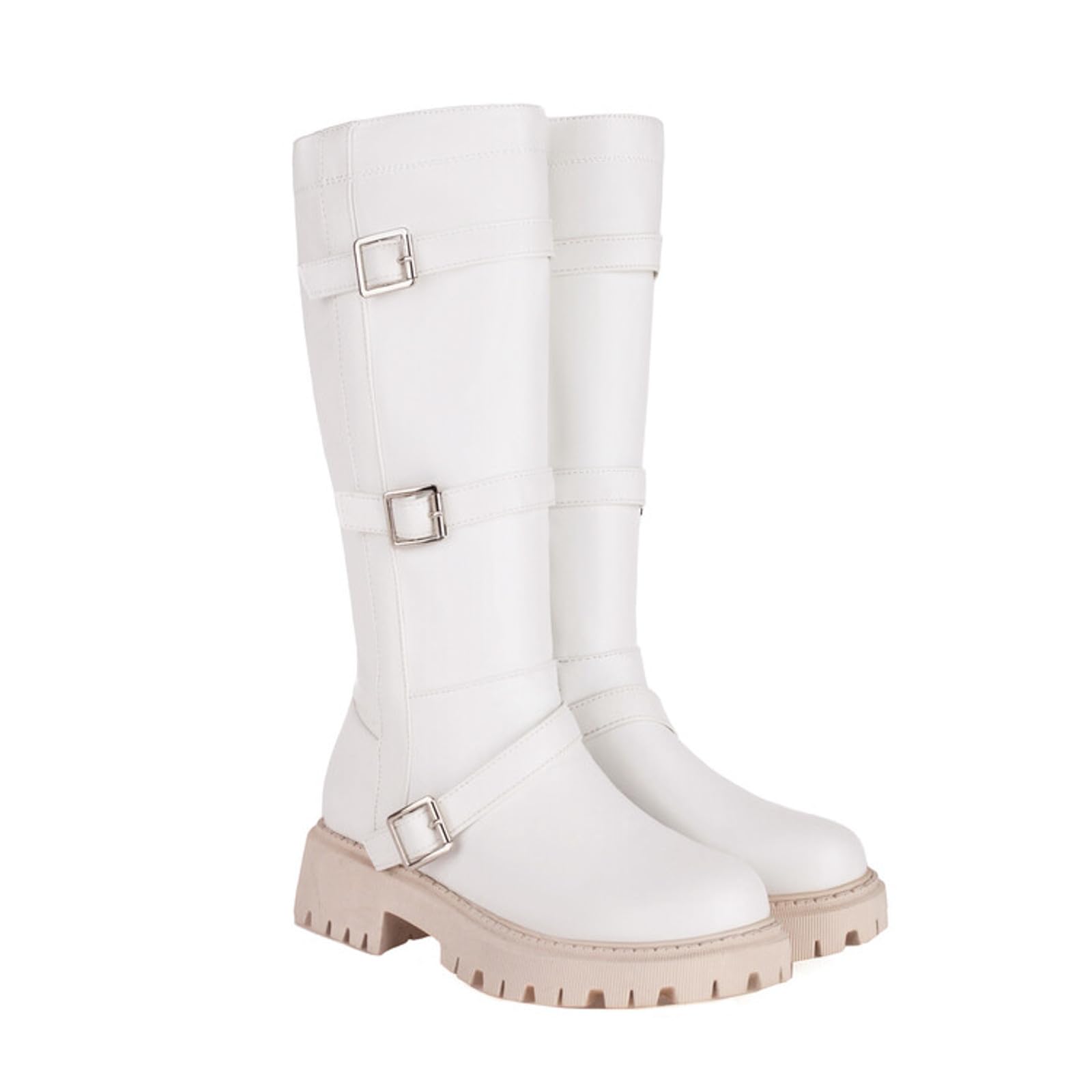 Botas de Invierno Mujer Botas hasta la Rodilla de Manga Larga con Hebilla cinturón Cuero Liso Estilo británico a la Moda para Mujer
