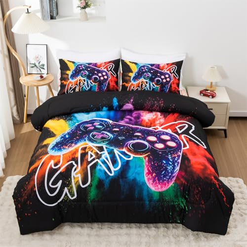 Aimuan Gamer Gaming Bedding Sets 3D Gamepad Comforter Sets for Boys Games Console Action Buttons Novelty Colorful Game Controller Modern Room Decor Home Quilt Set (Black-Purple Twin)
