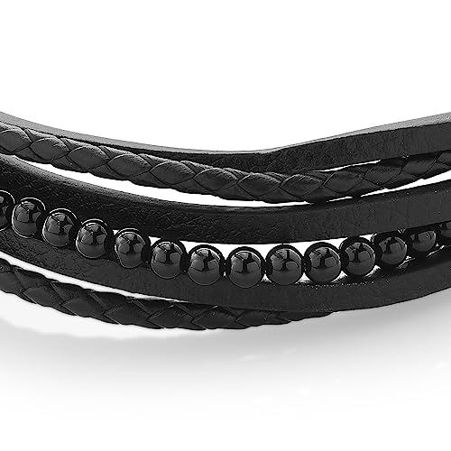 Gem Stone King Men'S Stainless Steel Black Onyx Premium Multi-Layer Leather Beads Wristband Braided Cuff Bracelet For Men thumb #1