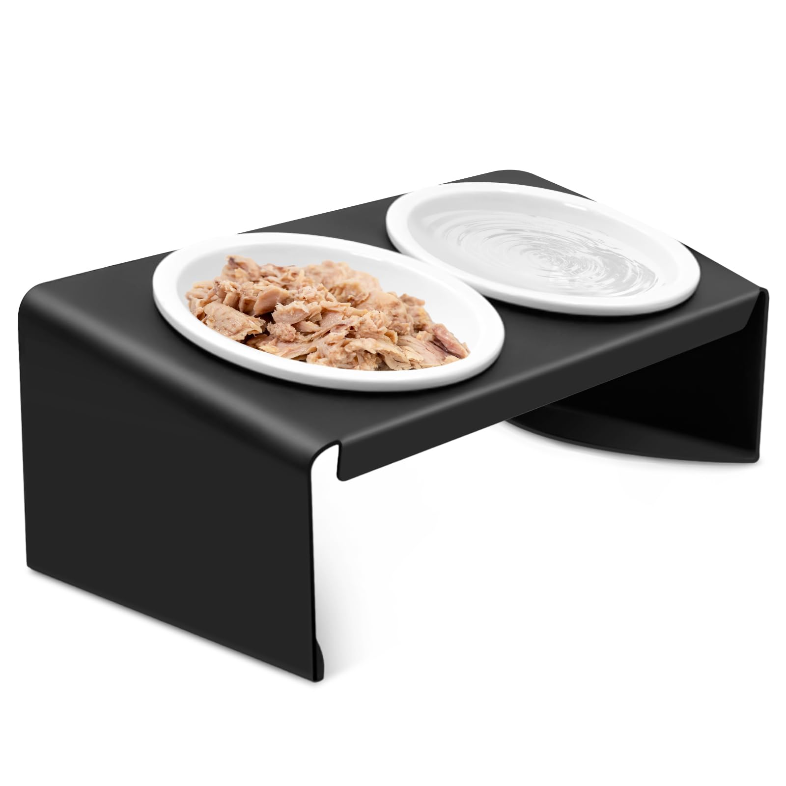 Gamelle Chat Surélevée, Gamelle pour Chien avec Support en Métal Antidérapant Incliné à 15°, 2X Bols Chat Ceramique de Nourriture