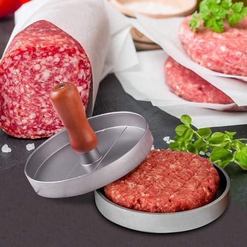 Image of Round Shape Meat Burger Patties Maker Machine | Non-Stick Surface Vegetable and Aloo Tikki Press Mold with Wooden Handle | Burger Press Patty Maker | Kitchen Mold Hamburger Press