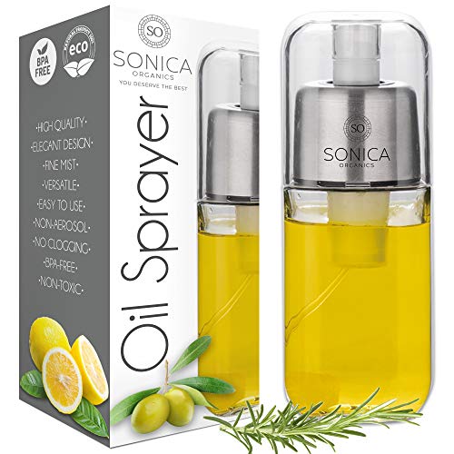 SONICA ORGANICS-Premium-Olive-Oil-Sprayer-Fine-Mister Glass Spray-Bottle 6 oz for Cooking, Baking, Roasting, Grilling, Frying, BBQ, Salads, BPA-Free, Vinegar Mister with Premium Anti-Clog Filter