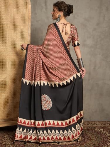 Image of AKHILAM Women's Pure Crepe Striped Printed Saree With Unstitched Blouse Piece