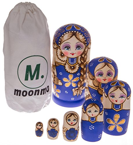 Moonmo 7pcs Cute Blue Sweater Braid Girl Russian Nesting Dolls Matryoshka Toys
