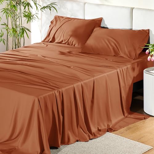 Image of Bedsure Queen Sheet Set, Rayon Derived from Bamboo, Cooling Sheets, PureWoven, Breathable & Soft, Deep Pocket Up to 16 Inches, Hotel Luxury Silky Bedding for Hot Sleepers, Burnt Orange
