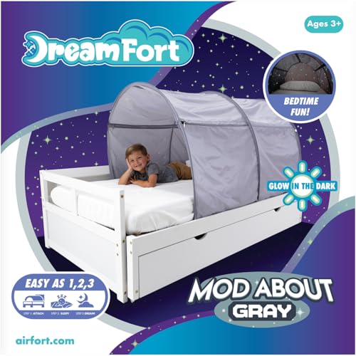 AIR FORT Original DreamFort - Pop Up Portable Full Bed Canopy - Glow in The Dark Stars (Mod About Gray, Twin)