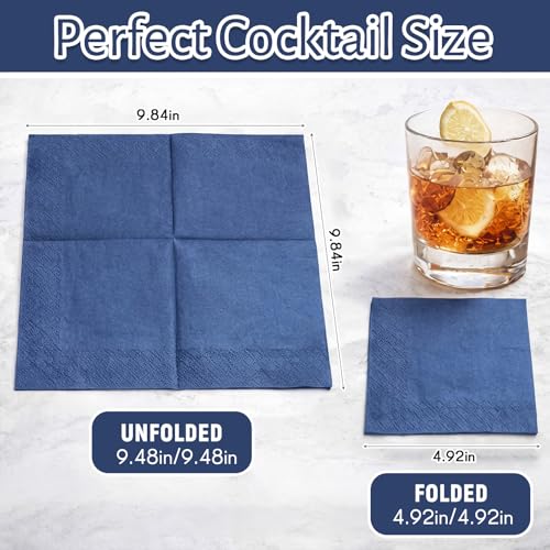 Image of Henoyso 500 Pack 2 Ply 9.8 x 9.8 Inch Navy Blue Cocktail Napkins Bulk | Disposable Dinner Beverage Paper Napkins for Wedding Bar Party Birthday Cocktail Holiday Elegant Restaurant