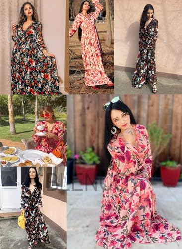 Image of BLENCOT Womens Casual Boho Floral Printed V Neck Long Sleeve Long Maxi Dress Spring Summer Dresses