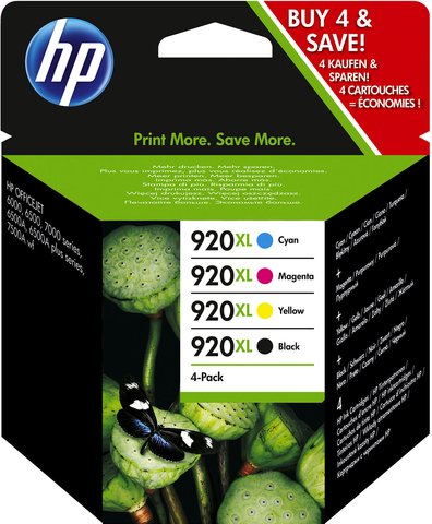 HP 920XL C2N92AE pack de 4, haut rendement, cartouches d'encre d'origine, noir, cyan, magenta et jaune de HP