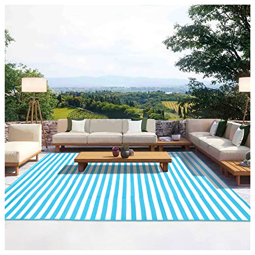 Striped Carpet for Patio RV Camping Mat with 4 Corner Loops Stakes, 7'x12' Waterproof Portable Plastic Straw Rug Indoor Area Rug Outside Decor Clearance Balcony Picnic Rug 712 7x12ft Blue