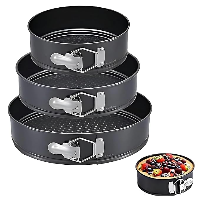 PureBake Round Cake Tin Set SGS Certified Non-Stick Springform Moulds 3 Pieces 7 8 8.5 Inch Removable Bottom Cheesecake Moulds for OTG Microwave Baking Durable Cake Pans for Home Bakers, Black