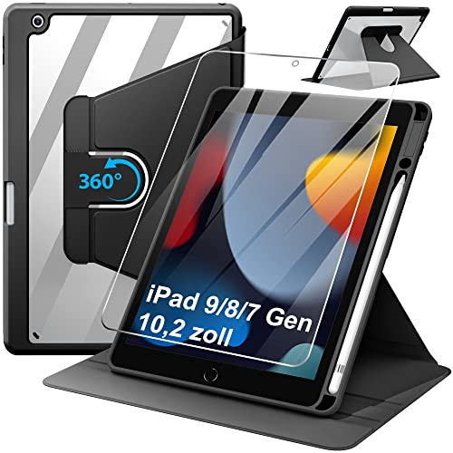 TOFOW Rotating Hülle für iPad(9., 8. und 7. Generation)10.2 Zoll mit Panzerglas,PU Lederhülle 360°Drehbar Multi-Winkel Hülle,Smart Schutzhülle Cover Rotation Case für iPad(9.,Gen/8.Gen/7.Gen),Schwarz Cover