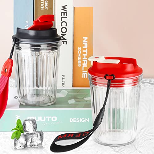 Tasse , MONKROY 420 ml wiederverwendbare Kaffeetasse, Kaltgetränkebecher, tragbarer gerader Getränkebecher, auslaufsicherer, verdickter, lebensmittelechter Kunststoffbecher mit Deckel (Schwarz) Cover