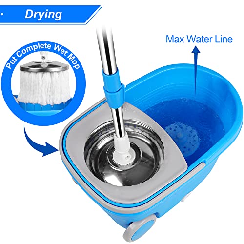 Microfiber Spin Mop & Bucket Floor Cleaning System Stainless Steel Wringer Set Plus 3 Replacement Head Refills 360 Spinning Mopping System 61" Extended Handle For Home Cleaning - Blue #TOP2
