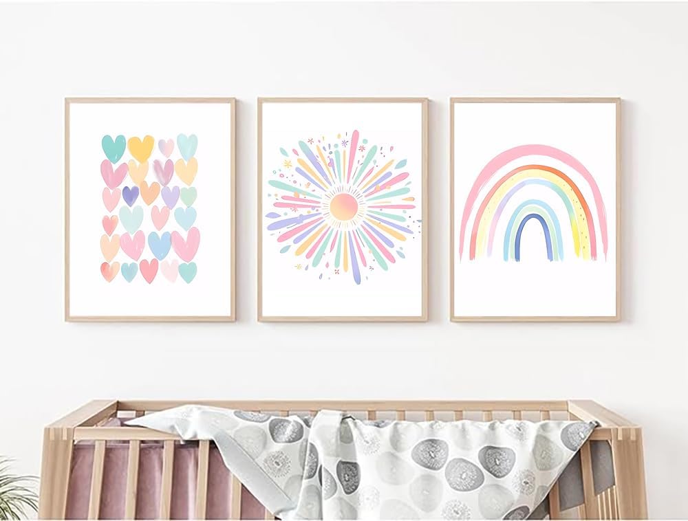 Rainbow Canvas Wall Art Set of 3 Nursery Colorful Boho Sun Wall Decor Painting Kids Heart Picture Posters Bedroom Baby Girls Toddler Pastel Wall Decor Prints Baby Room Bedroom Dorm Decor No Framed (16X24Inch Unframed)