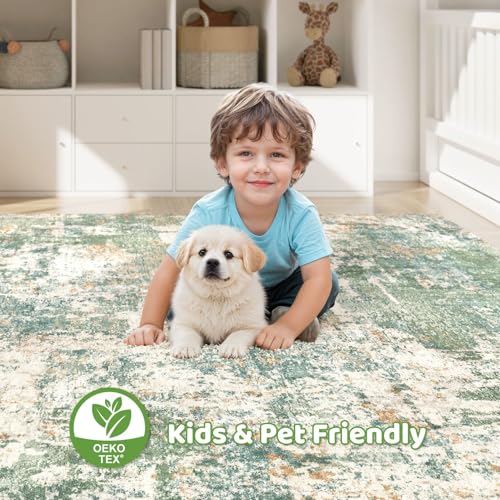 8x10 Area Rugs Living Room: Washable Large Abstract Soft Green Rug Stain Resistant Indoor Floor Non-Slip Accent Carpet for Men Modern Home Enthusiasts Aged 25-45 - Bedroom Office Playroom