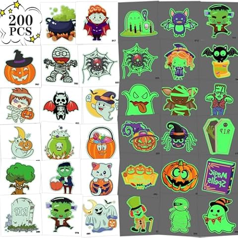 Glow Halloween Tattoos for Kids, 200 PCS Individually Wrapped Glow in the Dark Temporary Tattoos, Luminous Halloween Stickers Party Decorations, Halloween Party Favors Supplies Goodie Bag Fillers Cover