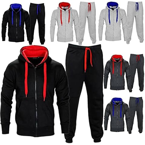 ShopOnline® MENS BRUSHED FLEECE FULL ZIP UP CONTRAST TRACKSUIT BOTTOM HOODY JOGGERS SPORTS SUIT (Extra Large - XL, Black / Red) Cover