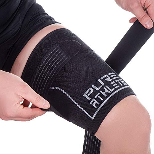 pure athlete thigh compression sleeve  adjustable straps quad wrap support brace hamstring upper leg