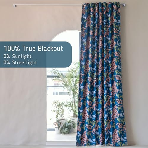 Image of Tranquebar Curtain Co. 100% Blackout Curtains, Complete Darkening Lining (Polyester), Navy Blue Floral & Bird Print, Cotton Blackout Curtain 7 Feet Set of 2, BackTabs, Veya (213 cm) - Set of 2