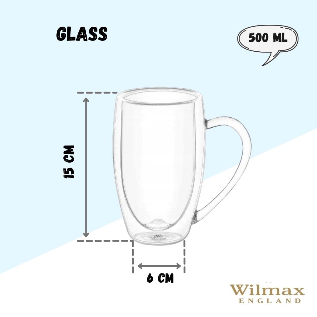 Wilmax | Doppelwandige Thermogläser mit Henkel | 6er-Set | 500 ml | Latte Macchiato Gläser Set | Cappuccino Gläser mit Henkel | Kaffeegläser | Teegläser | Trinkgläser | Thermotassen