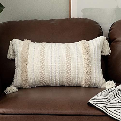 Sungea Woven Boho Lumbar Throw Pillow Cover, 12 x 20 Decorative Cute Pillowcase Minimalist Neutral Collection Cream Light Yellow Tufted with Tassels Cushion Cover for Farmhouse Sofa Couch Bedroom