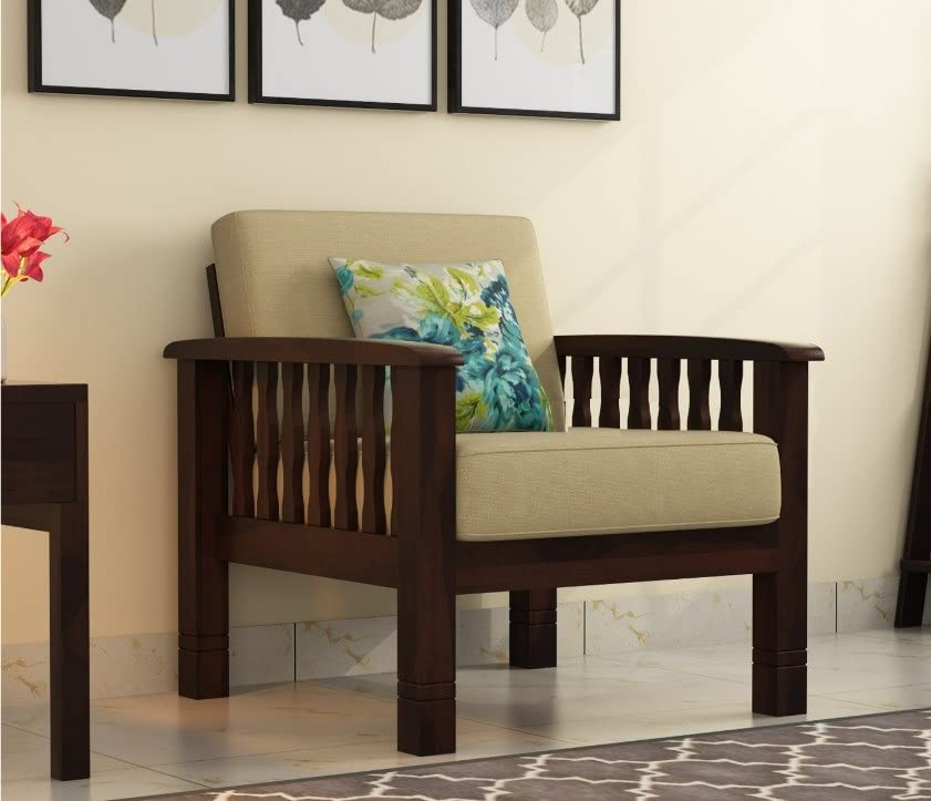 Image of 5 Seater Solid Sheesham Wood Sofa Set for Living Room | 3+1+1 Wooden Sofa Set | Sofa Set Furniture for Home with Cushions (Walnut Finish)