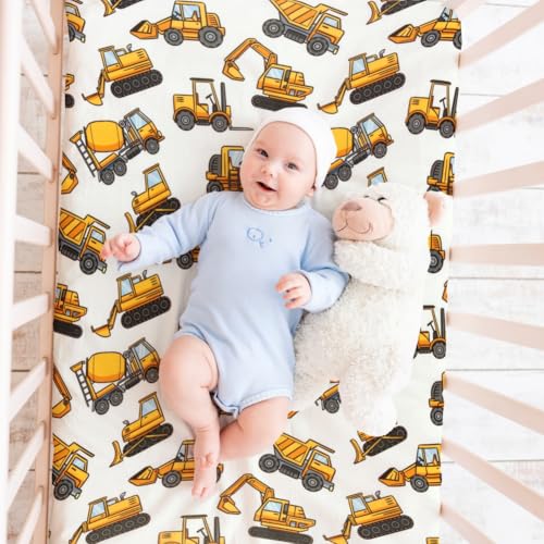 4 Pack Baby Boy Pack N Play Mini Crib Sheets Soft Fitted Baby Boy Mattress Covers Construction Truck Theme Breathable Toddler Sheets for Infant (Construction Truck, Pack N Play Mini Crib Sheets)