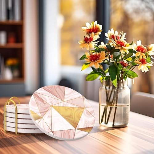 Image of Modern Wood Coasters with Holder Absorbent Drink Coaster Set of 6 Pink Golden Wood Cup Coasters Gift Decorative Coffee Table Coasters Cute Bar Coaster Beverages Tea Cork Coasters
