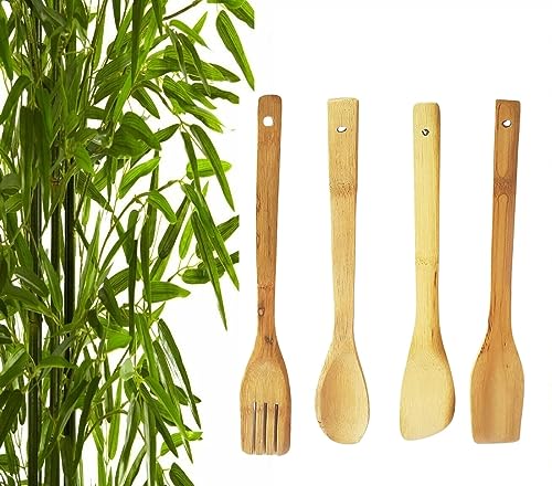 Cuchara de cocina de madera natural de bambú, espátula y rebanada de pescado, accesorios de utensilios de cocina de madera para sartén antiadherente o wok utensilios de cocina - Juego de 3
