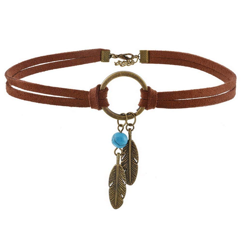Indianischen böhmischen Feder Charme handgemachte PU Leder Choker Halskette braun kostengünstig und langlebig