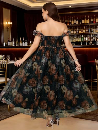 Image of EYWOL Plus Size Formal Wedding Guest Cocktail Party Floral Dress with Slit | Sweetheart, A Line, Midi\Maxi, Tulle, Curvy, Adjustable Straps, Smocked Back, Black Tie, Evening, Gown, Gala, Prom