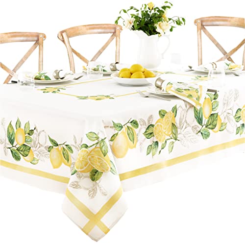 Newbridge Lemon Orchard Farmhouse Bordered Fabric Tablecloth - Fresh Lemon Vine Border Stain And Wrinkle Resistant Tablecloth, 52 Inch X 52 Inch Square #TOP1