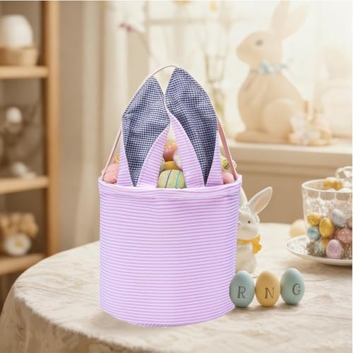 Osterkorb für kinder,Baumwoll osterkorb mit henkel,Gestreiftes osterhase pink osternest für Ostereiersuchen,ostern geschenke kinder und dekorative Osteraufbewahrung