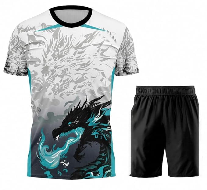 Madrd Dragon Fire Print Ronaldo 7 Football Jersey Set with Black Shorts (Kid's,Boy's & Men)-image-32