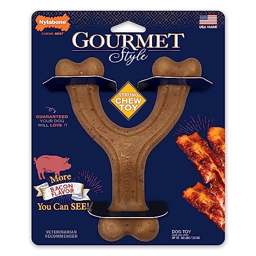 Image of Nylabone Strong Chew Gourmet Style Wishbone Dog Chew Toy, Bacon Flavor | Large breeds, durable chew toys, long lasting, easy-hold shape, helps clean teeth, for dogs up to 50 lbs