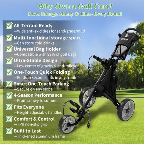 Image of Tivor 3 Wheel Golf Push Cart, Lightweight Push Cart Golf One-Click Folding, Adjustable Height Pushcart for Golf Bags, Compact Design for Ladies, Junior Golfers