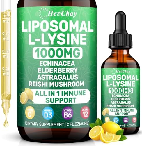 Liposomal L-lysine 1000MG Liquid Drops, L-Lysine Supplements for Kids and Adults, All-in-1 Essential Amino Acid with Vitamin C, B6, D3, B12 & Zinc for Collagen, Lip, skin & Immune Support, 1 Pack