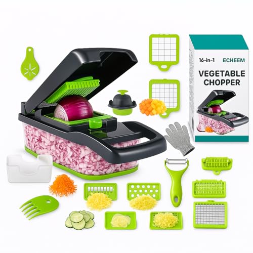 16 en 1 Mandolina de Cocina Multifuncional – Cortadora de Verduras Profesional con 6 Tipos de Corte Ajustables – Rebanadora y Rallador de Frutas y Vegetales con Protector de Manos y Acero Inoxidable