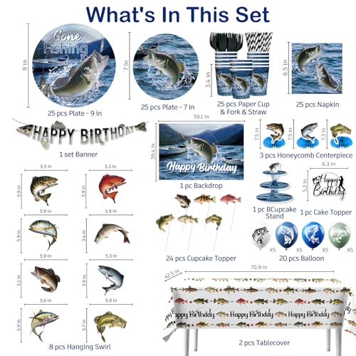 Image of 219Pcs cocomigo Fishing Birthday Party Decorations Tableware Set, 25 Serves