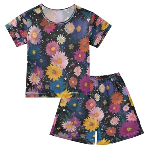 Colorful Daisy Pattern Kids Pjs Set Boys Girls Summer Short-Sleeve Sleepwear Pajamas 2PCS