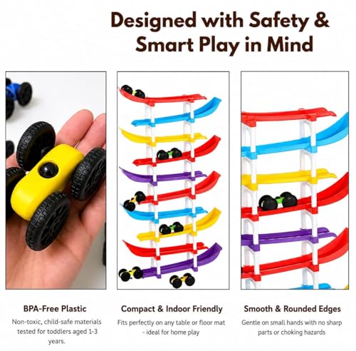 Image of 10-Level Car Ramp Racer Toy with 6 Cars - Rolling Track Toy for Kids Ages 2-7 | Birthday Gift for Boys & Girls | Educational & Fun Car Toy Set | Colorful Racing Action (10-Ramps & 6-Cars)