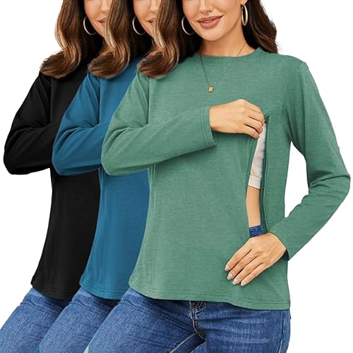 Love2Mi 3-Pack Women's Long-Sleeved Nursing Shirt with Zipper Maternity Wear for Breastfeeding T-Shirts for Pregnant Women, M