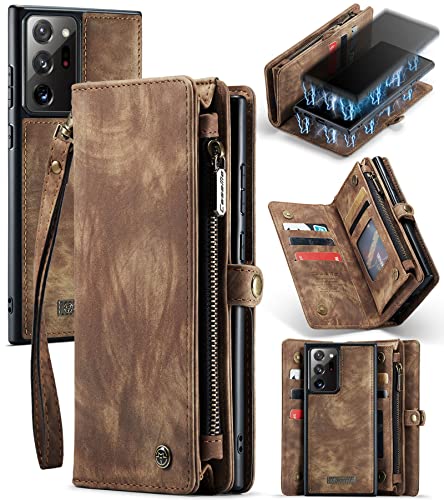 UFinetech Funda para Samsung Galaxy Note 20 Ultra 5G, Cuero TPU Bumper Tapa Tarjeta Cartera Carcasa, Magnético Flip Libro Desmontable Cordón 2 en 1 Delgada Antigolpes Anti Arañazos Protector, Marrón
