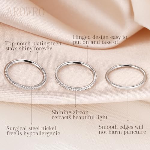 AROWRO Nose Rings Hoops 3 Pcs Conch Piercing Jewelry Surgical Steel Cartilage Earrings for Women Men 16G 8mm Silver Septum Rings with CZ Helix Daith Rook Tragus Piercing Jewelry by AROWRO - Used condition - Image 2