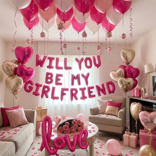 Image of Will You Be My Girlfriend Balloons 60pcs pink hot pink and white balloon kit Include 18 Inch Heart Shaped Balloons and 1000 Pink Artificial Rose Petals Romantic Decoration Kit for Valentines Party