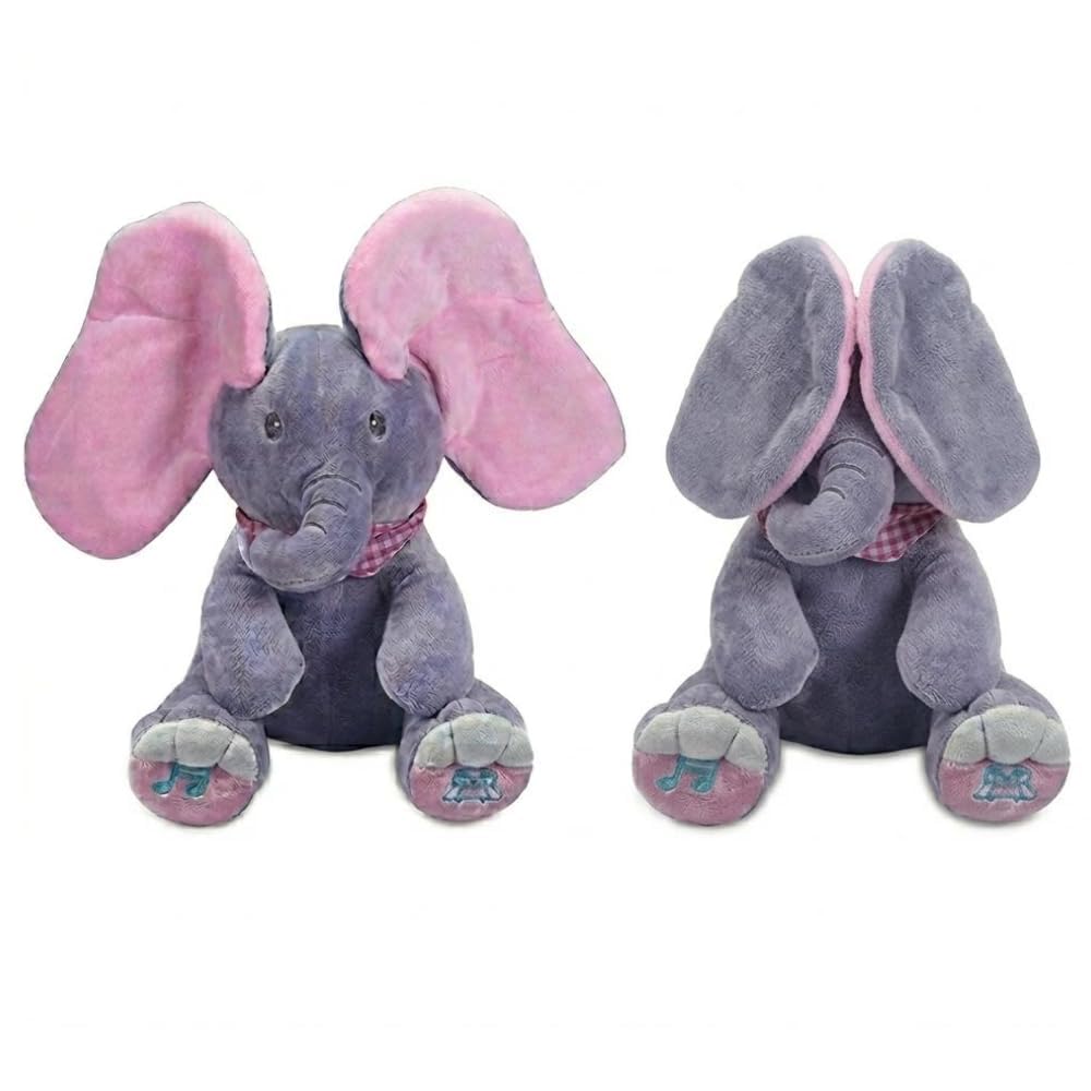 Peek a Boo Elephant Plush Toy with Flappy Moving Ears and Musical Sound - Soft Grey Pink Stuffed Animal for Babies Toddlers Kids | Interactive Singing Toy for Gifting and Playtime Fun-image-24