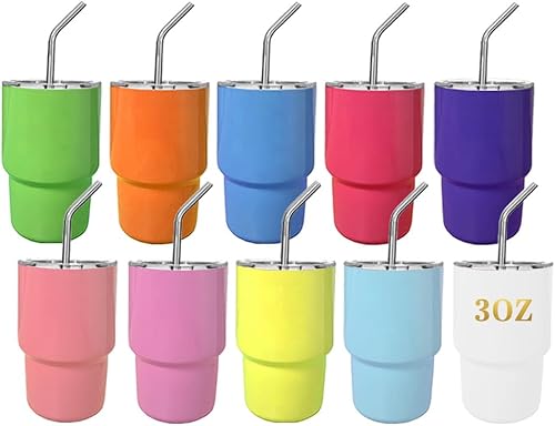 Paquete de 10 mini vasos de 3 onzas con popote y tapas, acero inoxidable, doble pared, aislantes, sublimación, regalos para hombres o amantes del