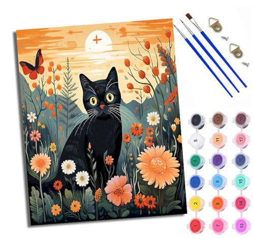 WXRWANG Pintura por Números para Adultos Campo de flores Gato negro Sombra de mariposa Pintura al óleo digital para adultos de Cuadro para Pintar por Números con Lienzo 40x50cm pintura al óleo de